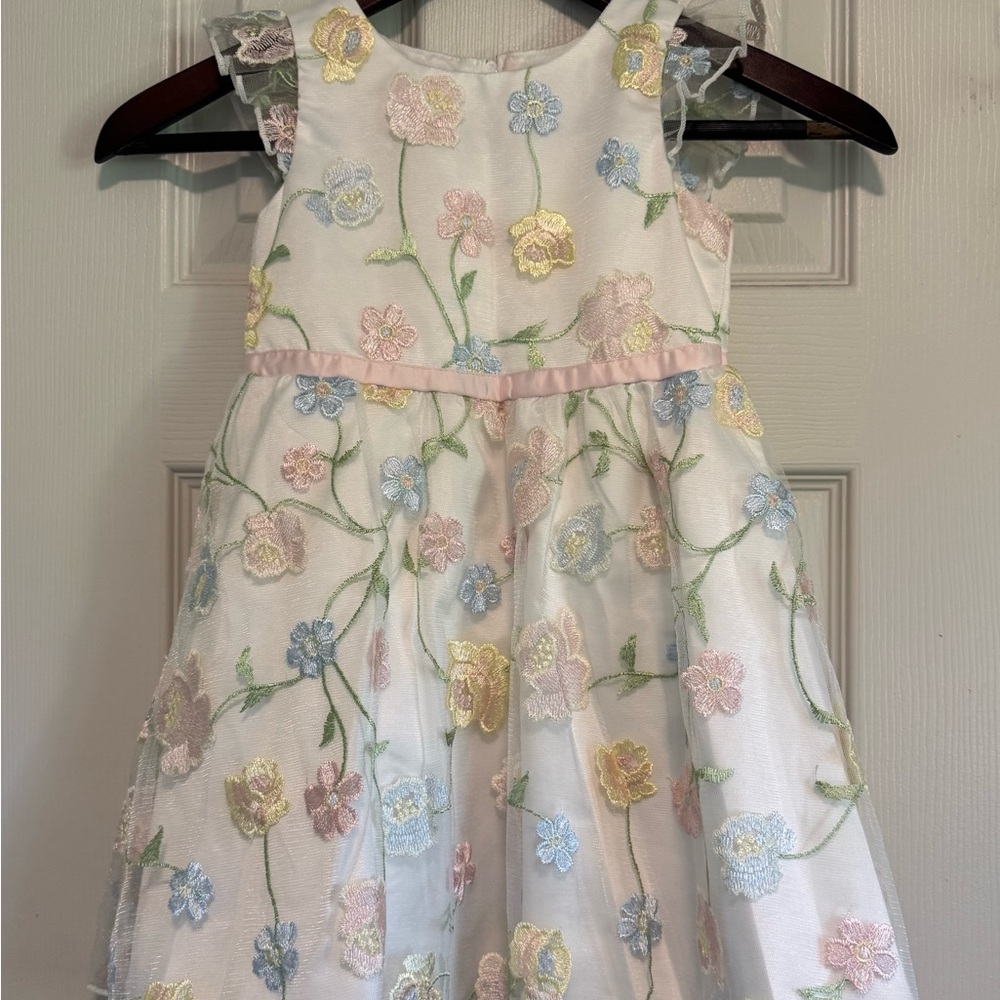 Rare Editions White Floral Embroidered Dress with Pastel Flowers